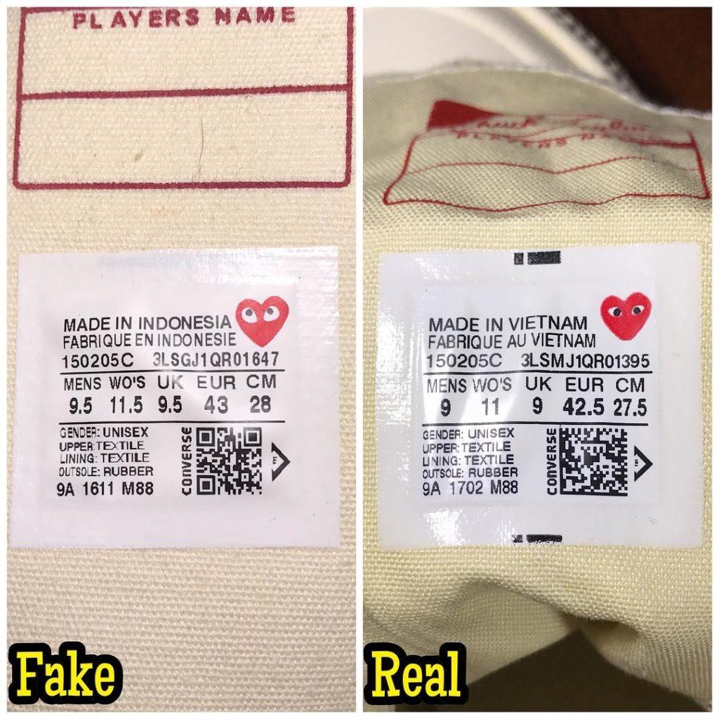 converse cdg white real fake tag